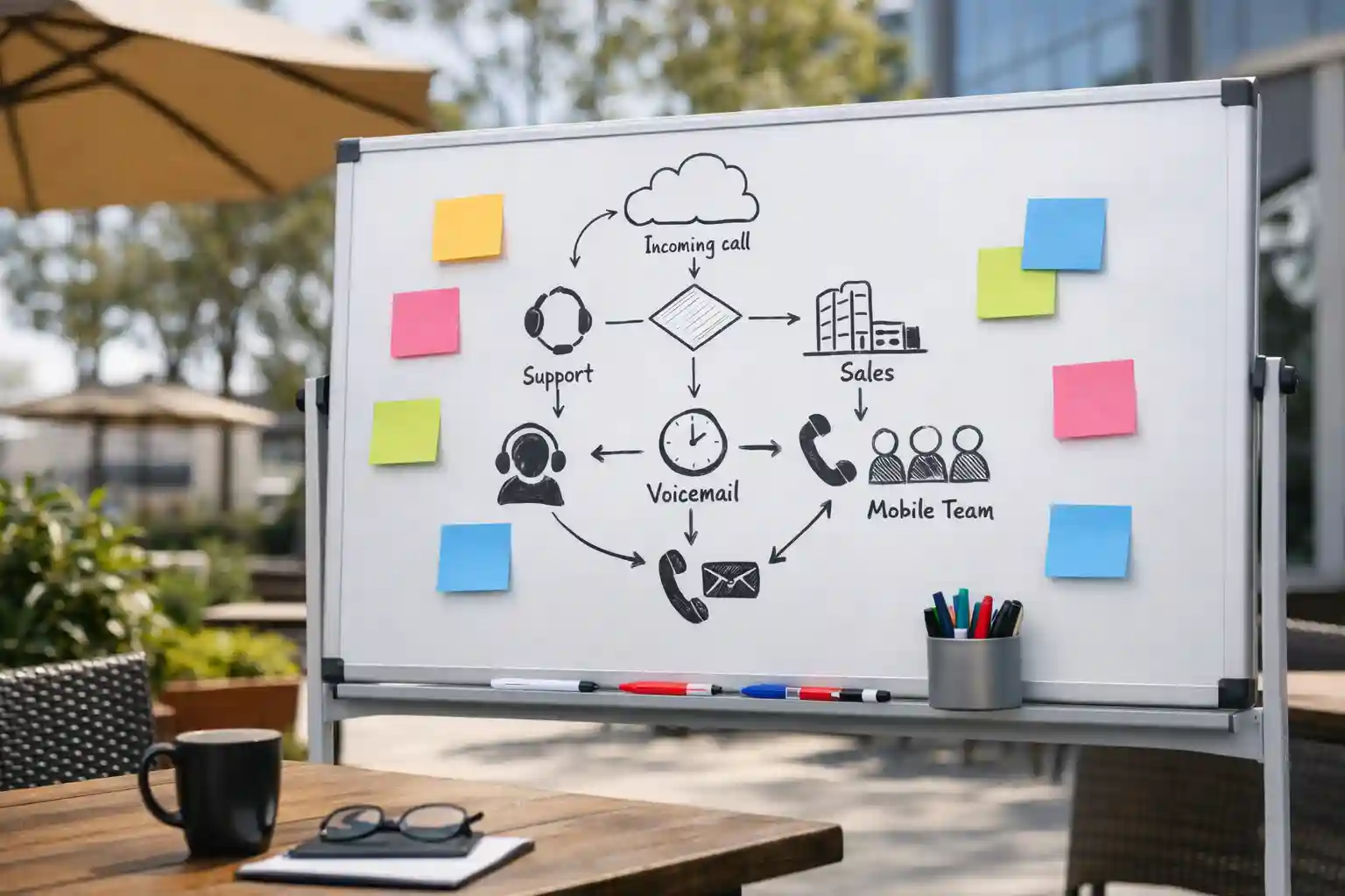Whiteboard with phone routing diagram and sticky notes in a meeting room