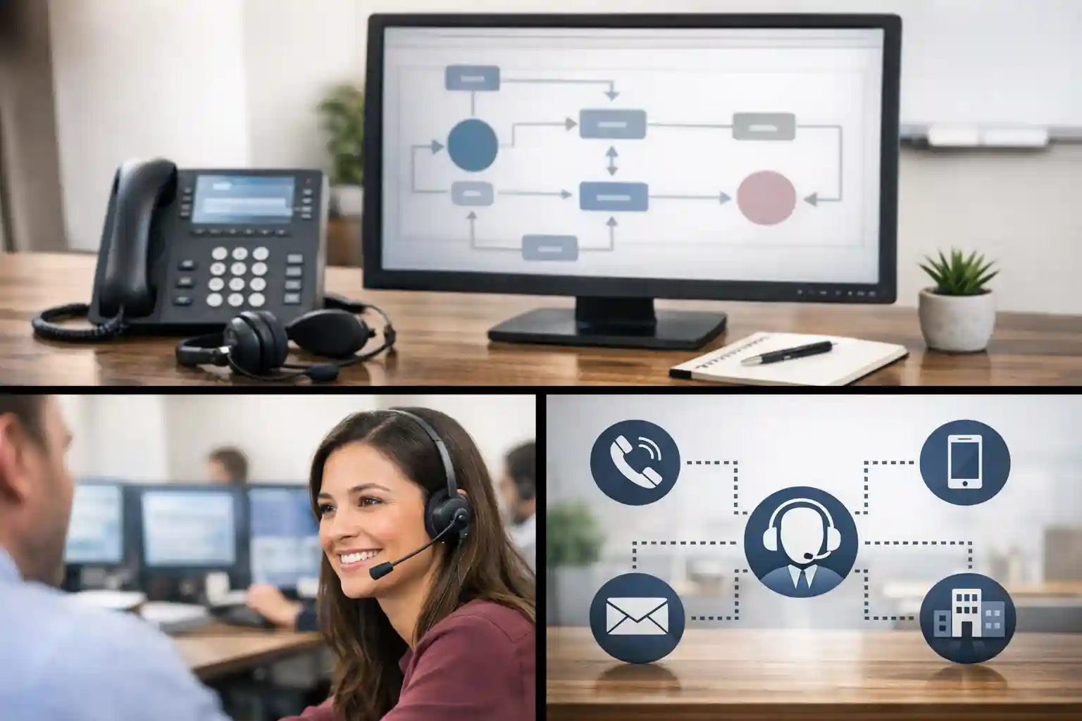 Team setting up call routing on a laptop