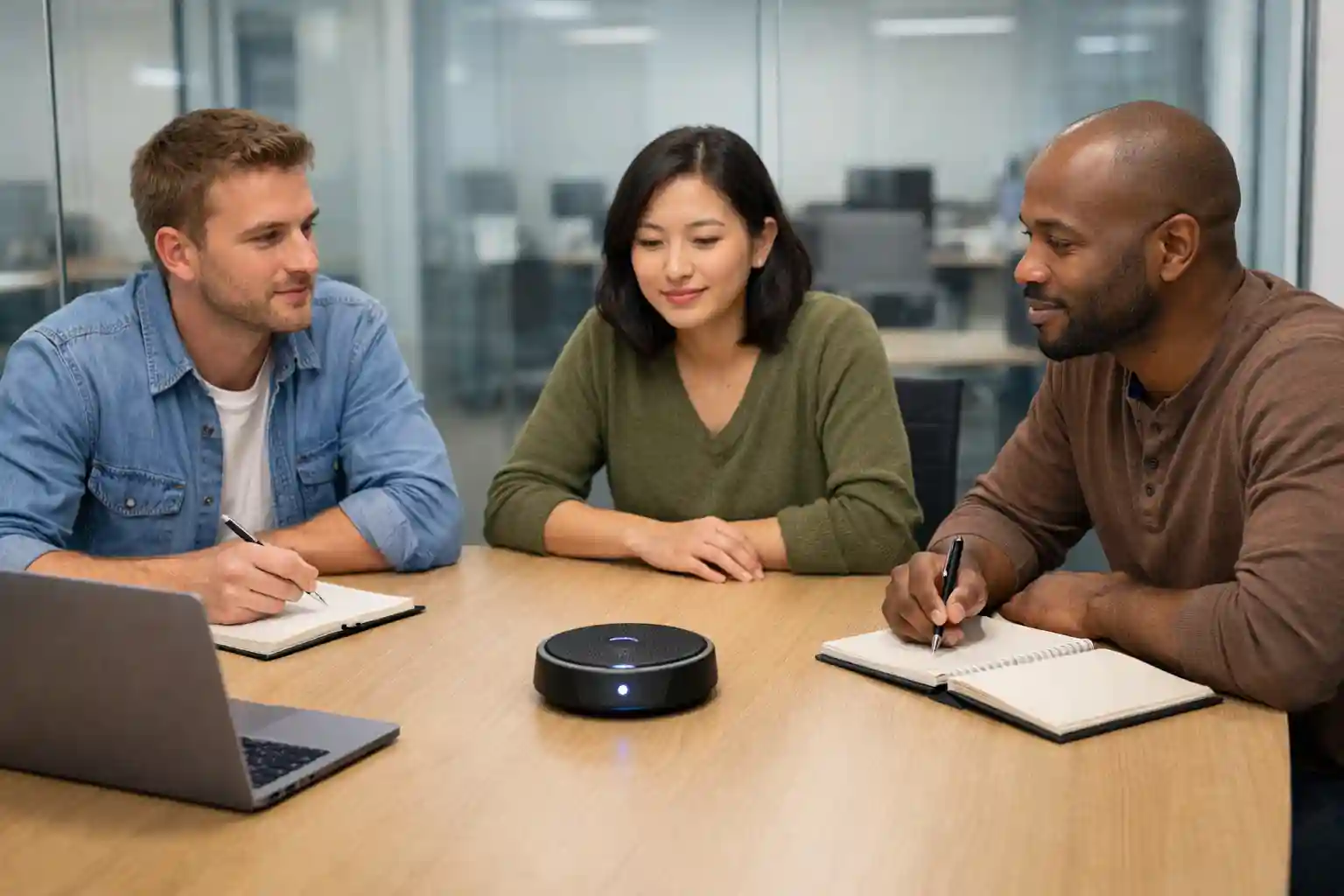Team reviewing a recorded greeting in a small conference room